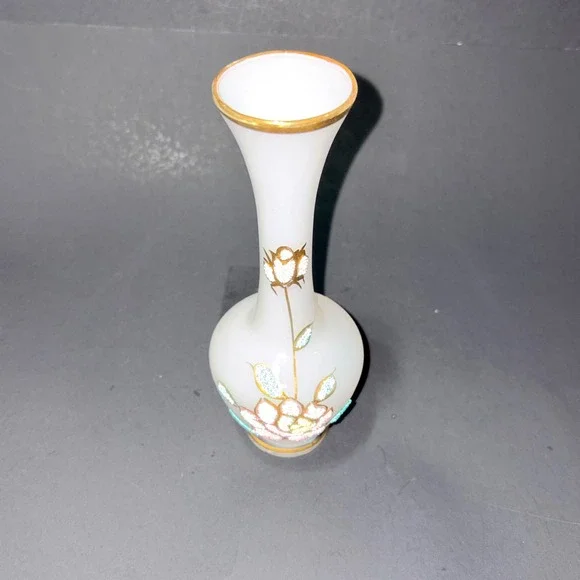 Vtg Satin Frosted Glass 8" Bud Vase Sugar Bead Floral Hand Painted Gold Trim - Picture 2 of 16